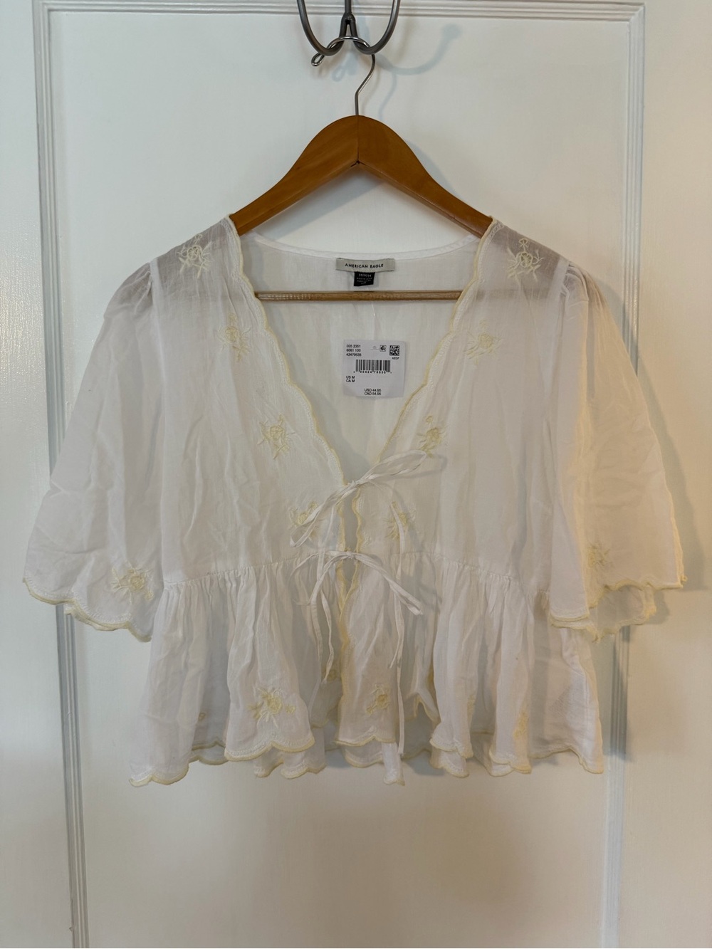 NWT AE White Embroidered Tie Front V Neck Blouse